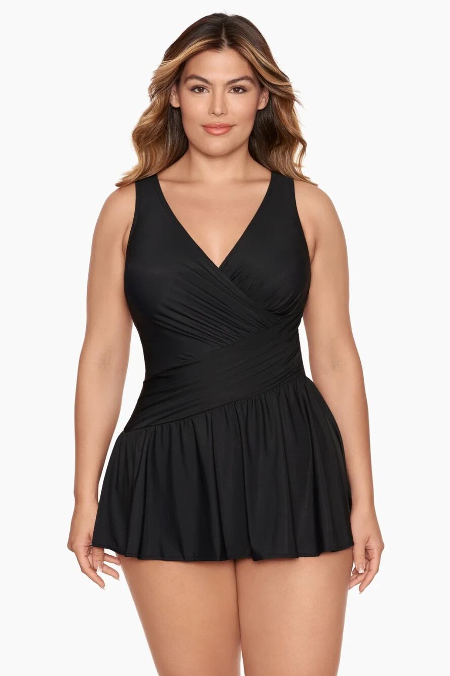 Miraclesuit Orvis Womens Swimdress Slimming Wrap Swimsuit Black, Sz 18